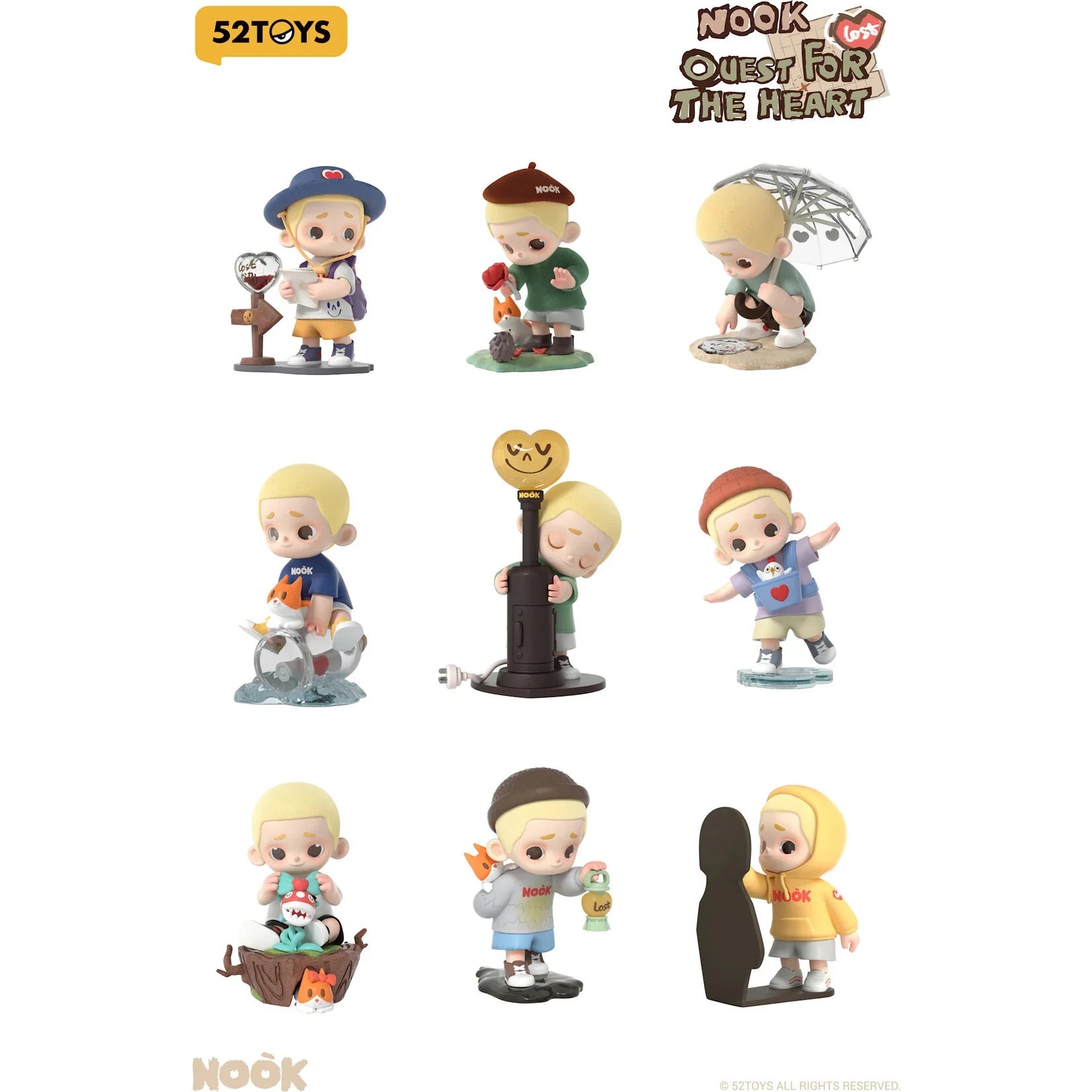 NOOK Quest to The Heart Series Blind Box - Preorder featuring toy figurines of a boy with a rose, cat, and umbrella, plus a heart-shaped balloon.