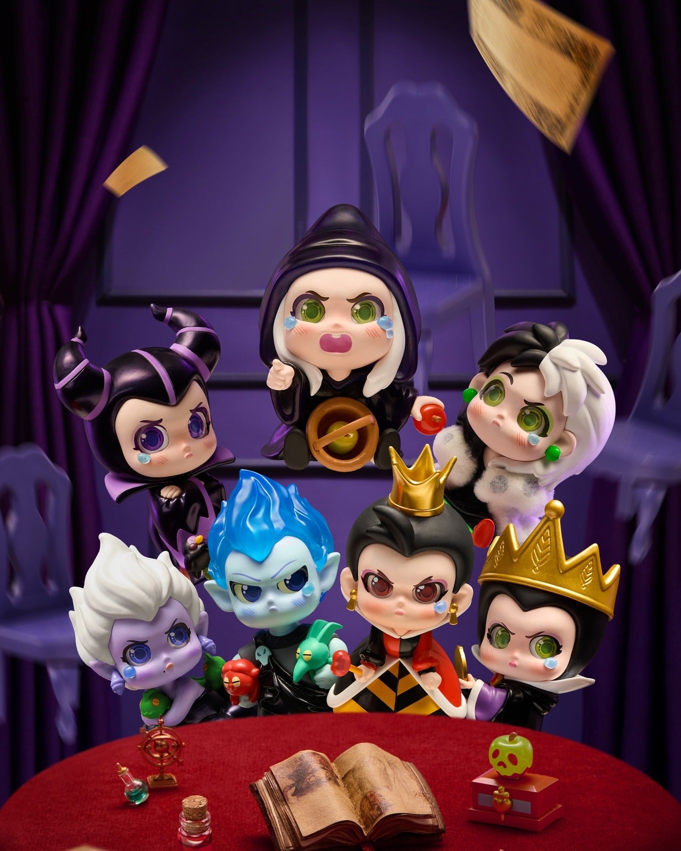 Disney Villains Born Rebellious Series figures, chibi-style: Maleficent, Wicked Witch, Cruella, Ursula, Hades, Queen of Hearts, Evil Queen, posed with dark magic props. Preorder available.