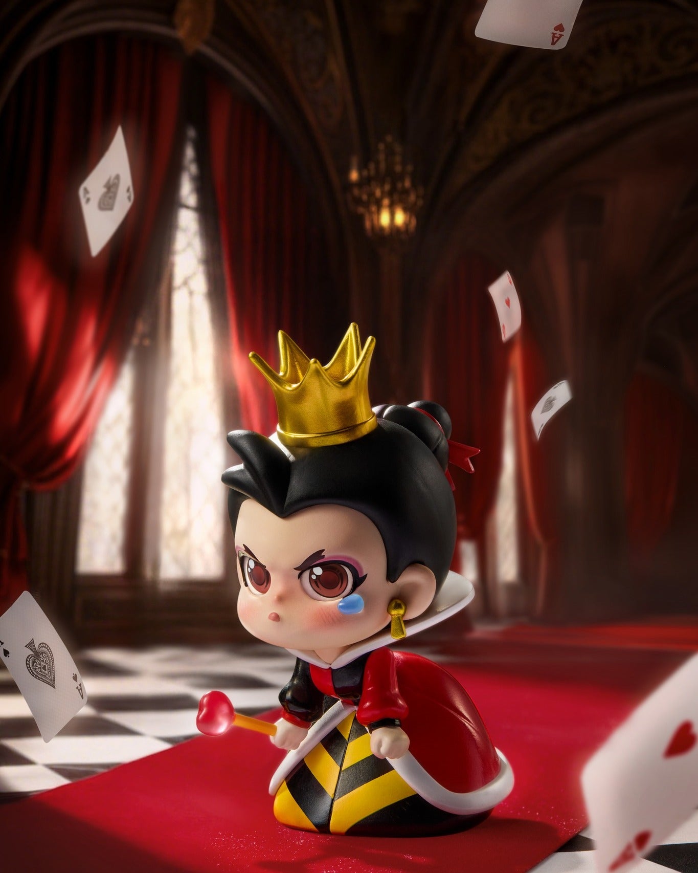 Chibi queen figurine from Disney Villains Born Rebellious Series, featuring a heart scepter, floating cards, and preorder availability from Strangecat Toys.