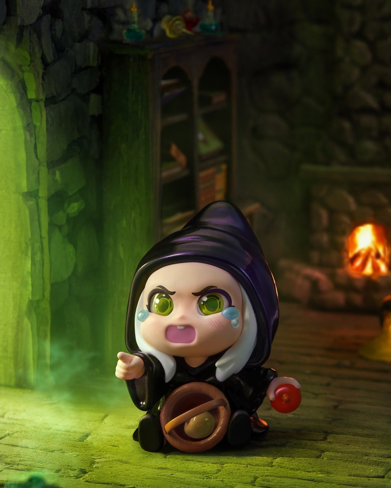 Chibi witch in glossy robe holds red apple; tears in green eyes, seated amid medieval decor. Disney Villains Born Rebellious Series preorder from Strangecat Toys.