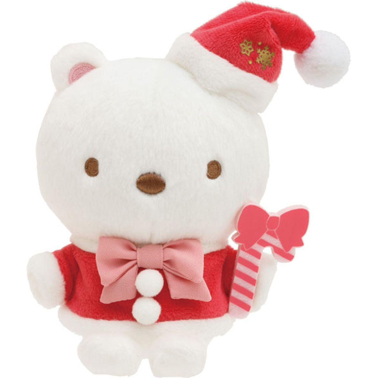 San-x Plush Toy Sumikko Gurashi Christmas Shirokuma, a festive 13.5cm plush bear in Santa attire, holding a candy cane.