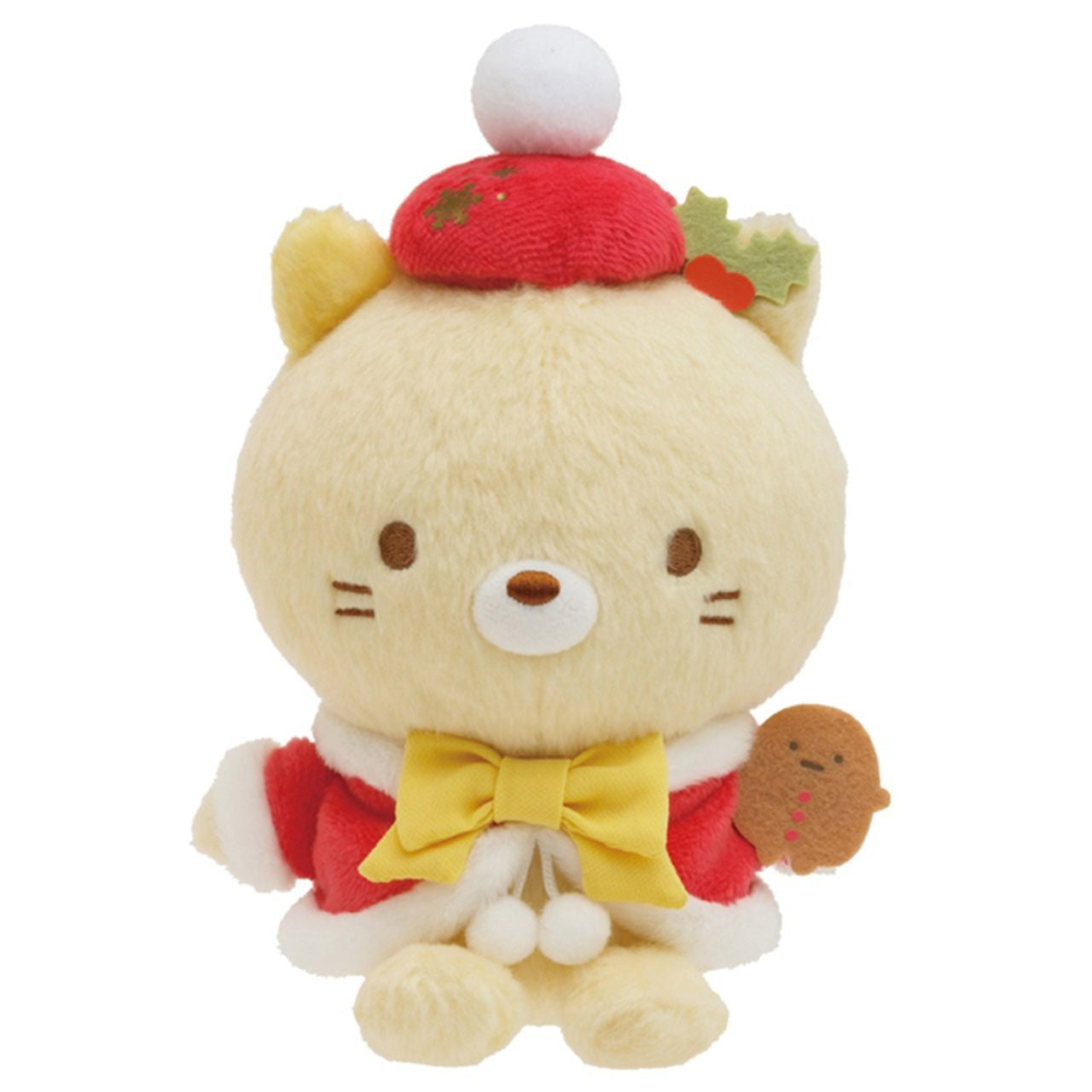 San-x Plush Toy Sumikko Gurashi Christmas Neko, a plush cat in festive attire, holding a gingerbread man, measuring approximately 13.5x10x8cm.