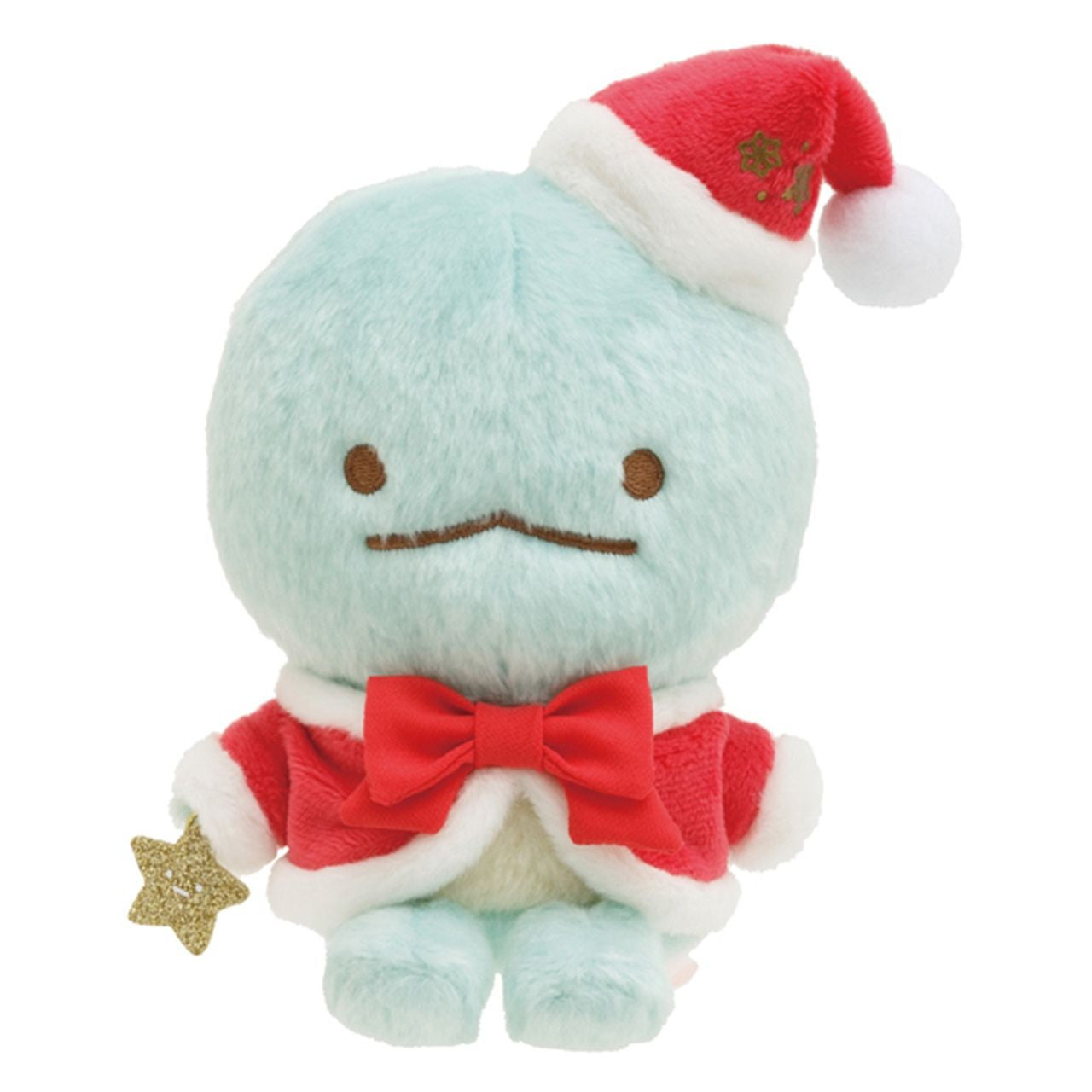 San-x Plush Toy Sumikko Gurashi Christmas Tokage in Santa outfit, holding a gold star, measuring 13.5x10x8cm, perfect for holiday-themed collections at Strangecat Toys.