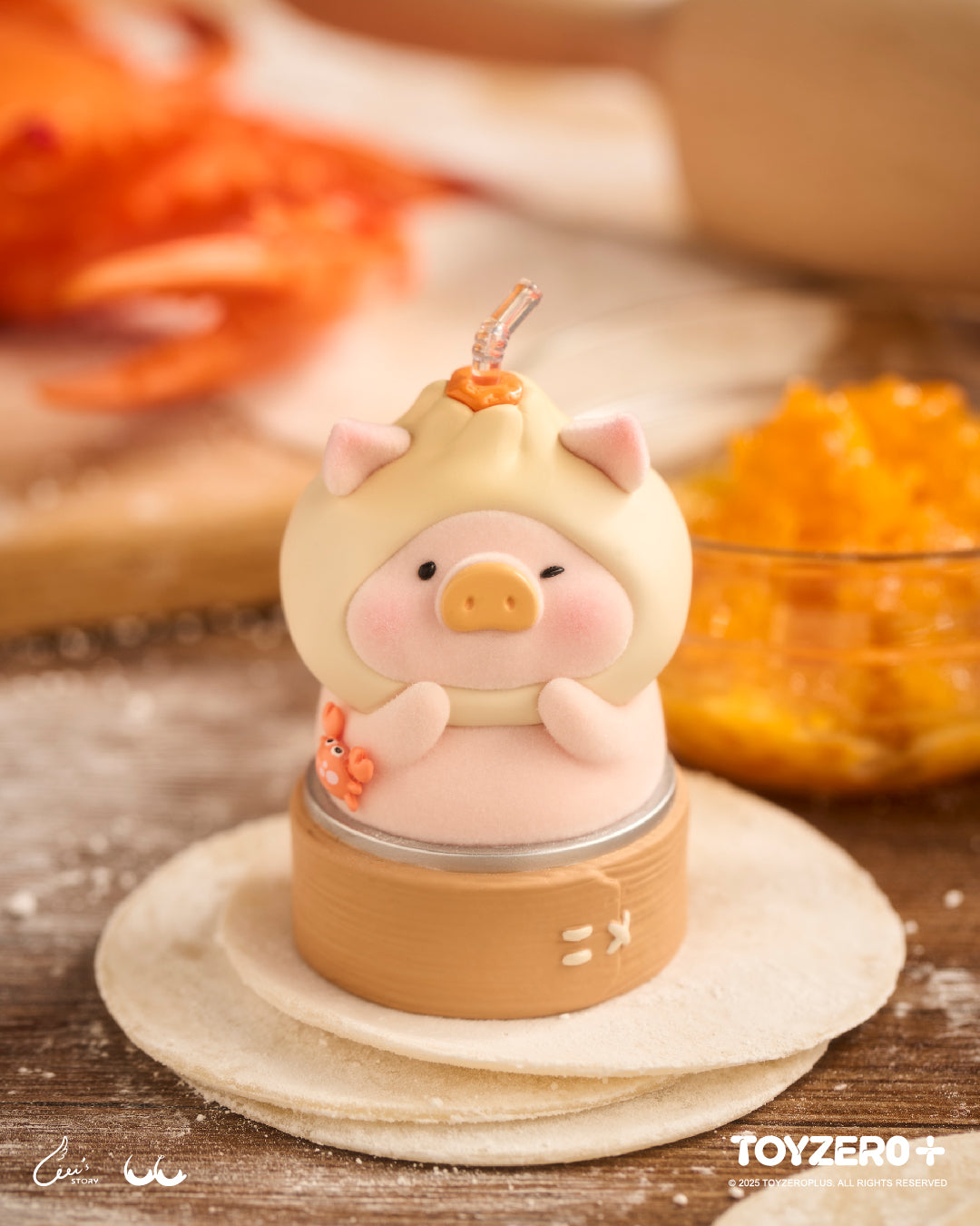 LuLu the Piggy dressed as a crab roe bun in a mini steamer box, preordering for July 2025, collectible art toy from Strangecat Toys.