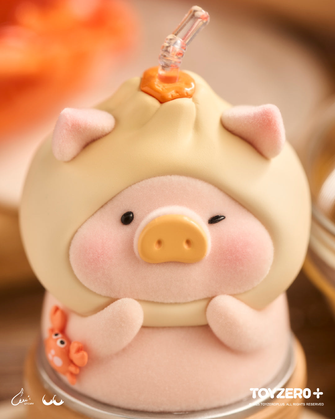 LuLu the Piggy dressed as a crab roe bun in a mini steamer box, available for preorder. A collectible art toy from Strangecat Toys.