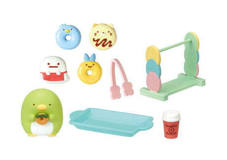 Freshly Fried Sumikko Donuts Re-ment Blind Box Series: Miniature donut shop play-set with character-themed pastries, display rack, tongs, serving tray, and toy coffee cup.