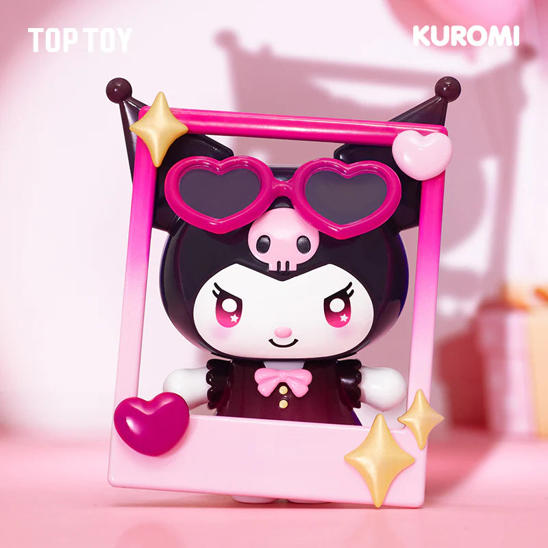 Kuromi Sparking Idol Series Blind Box figure, wearing heart-shaped sunglasses, within a pink frame. Preorder for surprise collectible from Strangecat Toys.