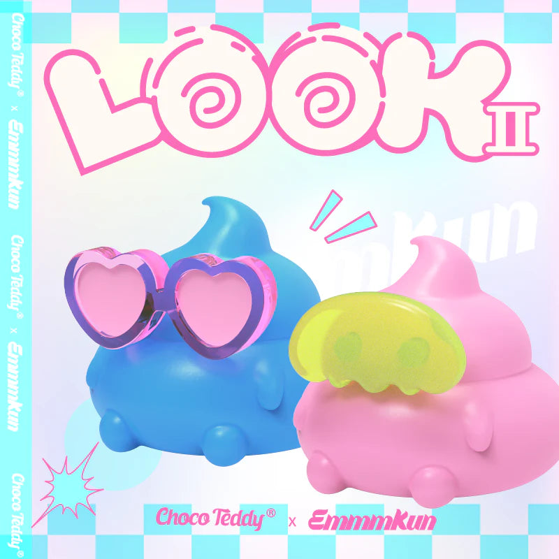 Emmmkun Look Blind Bag Series 2 toy group with glasses, pink alien, and blue glasses.