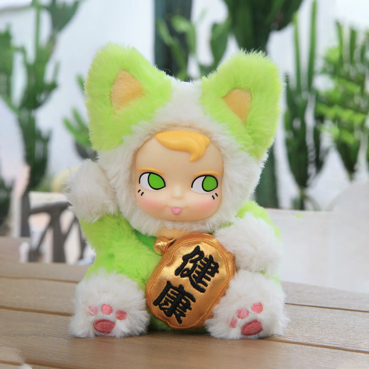 SAMSAM FORTUNE CAT PLUSH Blind Box: A plush figure in a green cat costume, holding a health token, part of a six-design collectible series.