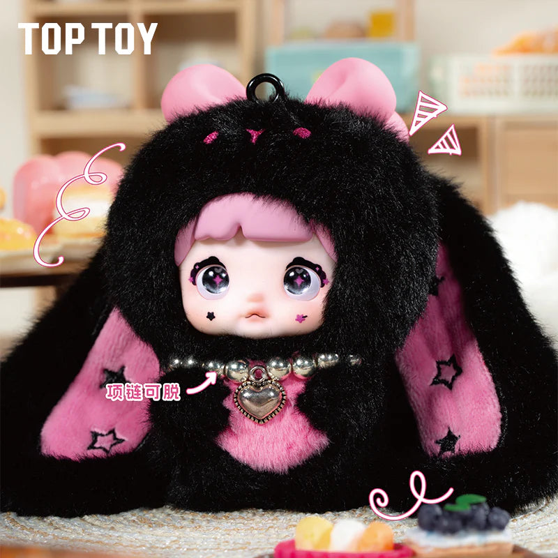 Nommi Baby Sweetheart Bunny Plush keychain with pink hair, star decals, and a heart necklace, styled for preorder from Strangecat Toys.