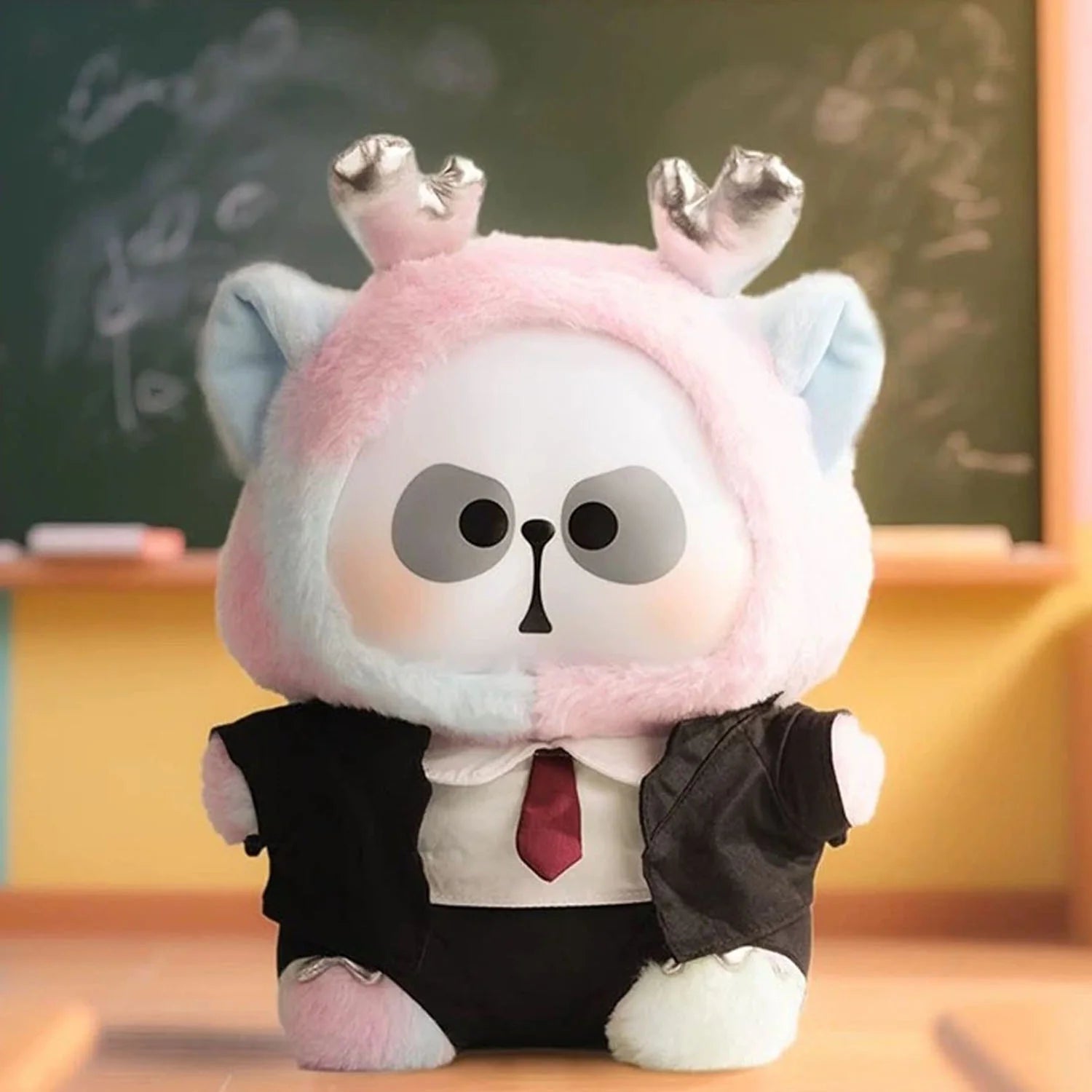 MR. PA Animal's After-School Diaries Series Plush Blind Box 400% featuring pastel plush with silver antlers, dressed in a shirt and tie, stands by a chalkboard.