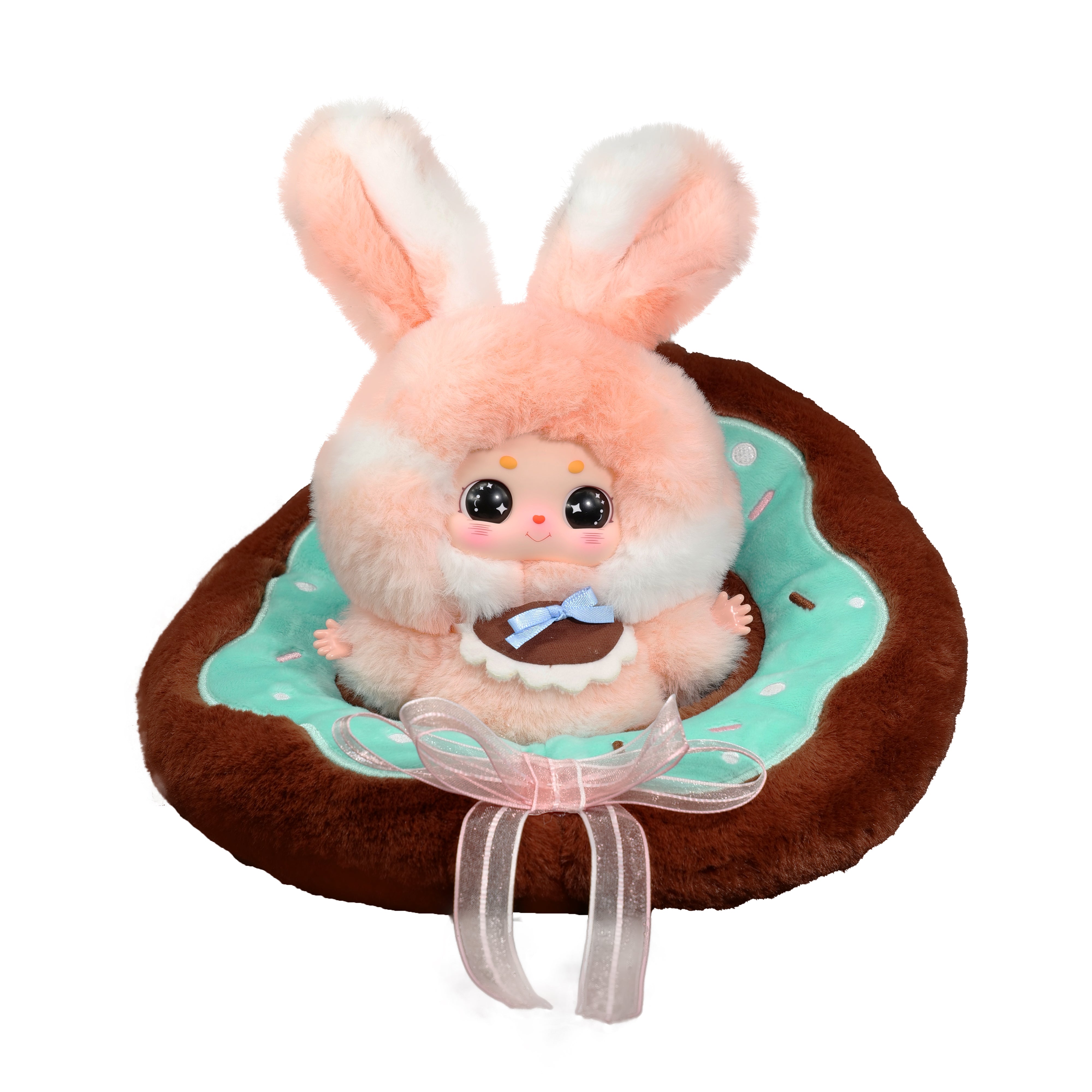 Baby Three - Little Fatty plush featuring a donut-shaped cushion with a ribbon, and a pastel-peach bunny doll with floppy ears and a neck bow.