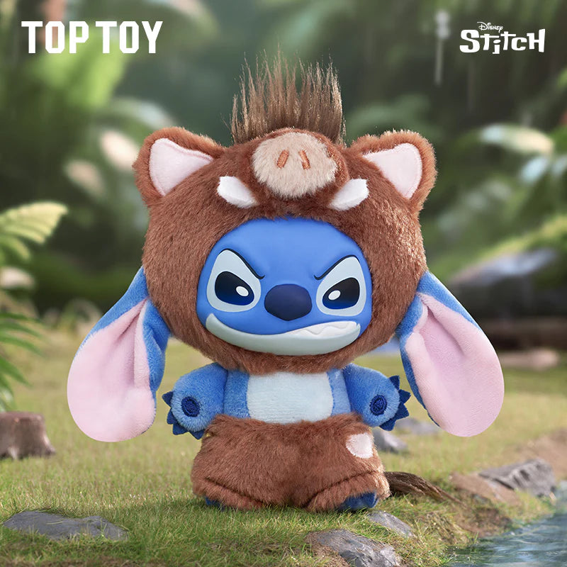 Stitch Wild Animal Series Plush Blind Box toy, featuring Stitch in a boar costume with branding and preorder details for Strangecat Toys.