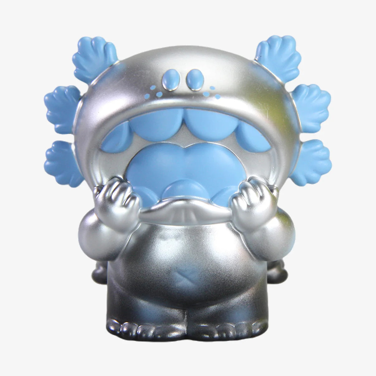 GRAPE BRAIN x ABAO BLINDBOX (SILVER AND BLUE) collectible toy, featuring a metallic-silver, cartoonish axolotl figure with light-blue accents, posed pulling its jaw open.
