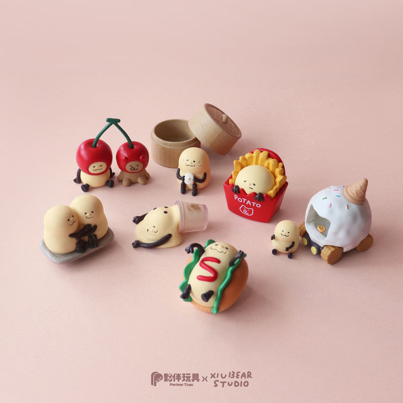 Yum Yum Time Blind Box Series: Stylized potato characters in food-themed settings, featuring cherry-topped figures, a dim-sum holder, and a hot-dog potato.