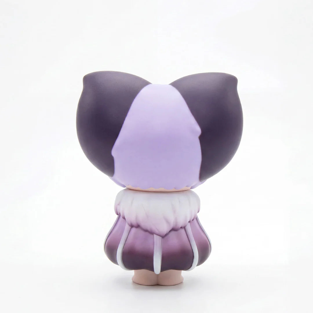 ABAO x Yoyo Yeung Batti Limited Sofubi Figure - Preorder, featuring a chibi-style design with purple two-tone hair, bell-shaped dress, and fur-like collar.