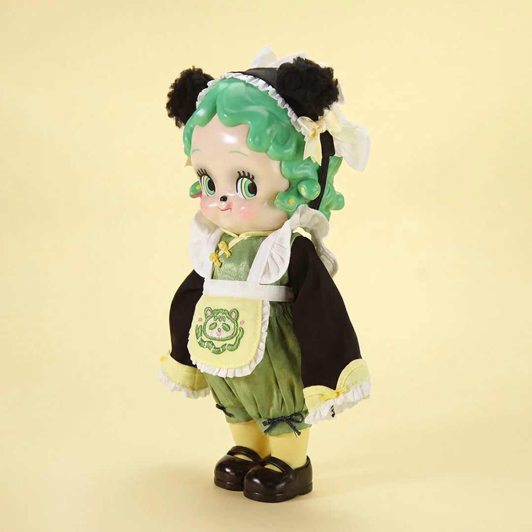 ABAO Medusasa (Panda ver.) Sofubi Figure - Preorder, featuring mint-green curls, panda ears, and a detailed green romper, embodies playful, collectible art toy design.