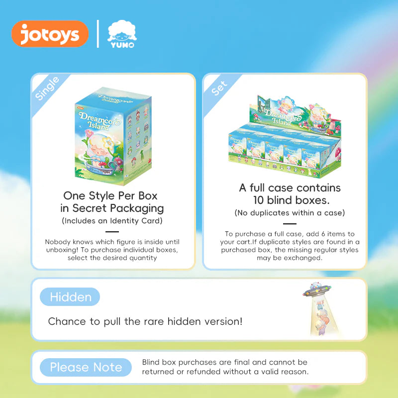 Yumo Dreamcore Island blind-box collectible flyer showing purchase options, including single boxes and full cases, highlighting a rare hidden version and non-returnable purchase policy.