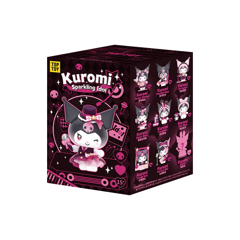 Kuromi Sparkling Idol Series Blind Box featuring Sanrio's Kuromi as a pop idol; includes nine collectible designs, with one secret figure.