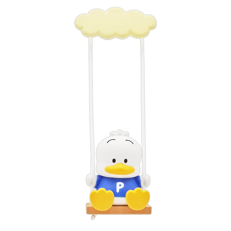Sanrio Characters Swing Gacha Series: A cartoon-style duck figurine in blue shirt on a swing with a cloud canopy, part of a blind box collection.