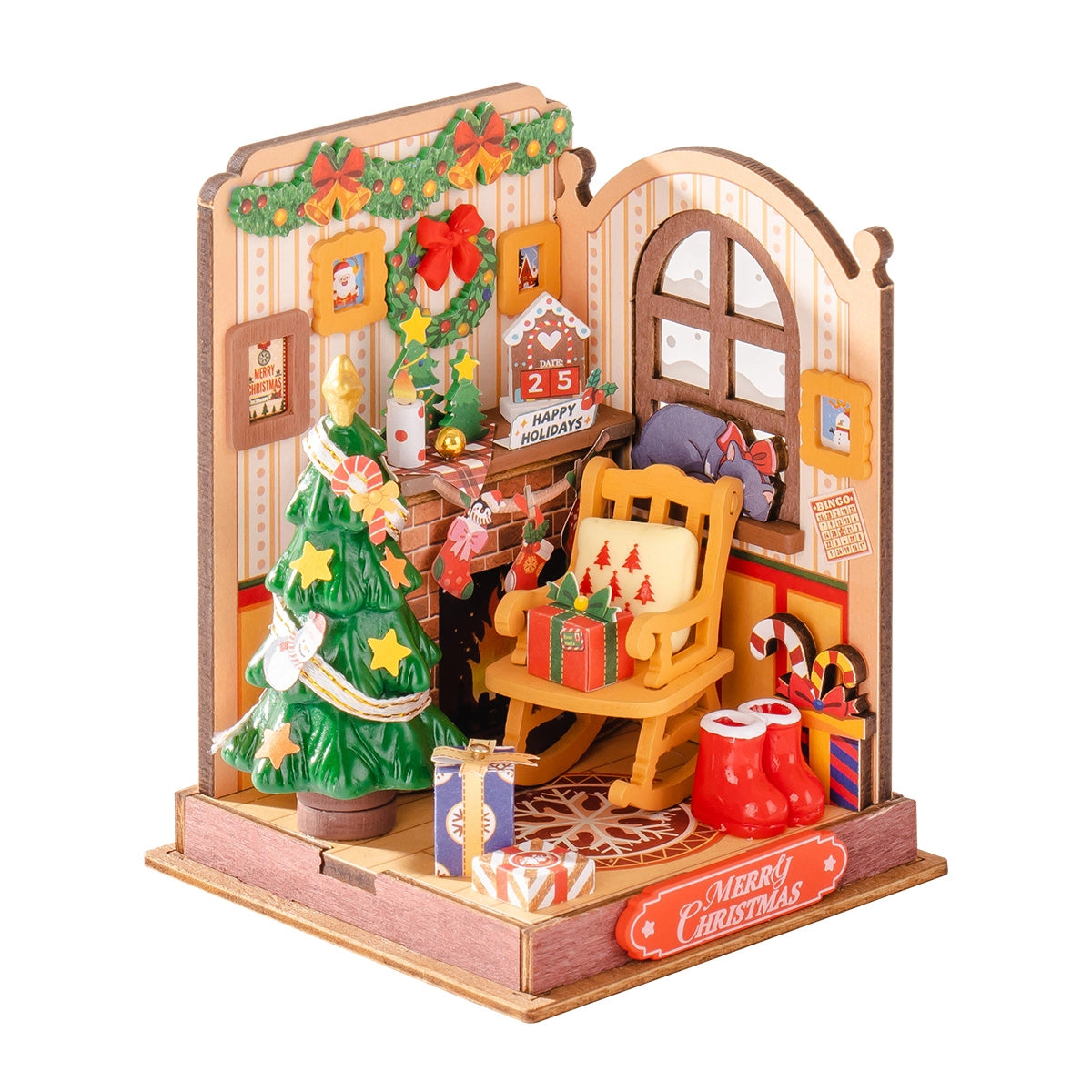 Rolife DIY Miniature House - Christmas Fireplace DS041: A detailed 73-piece diorama featuring holiday decor, a tree, gifts, and festive elements, capturing cozy seasonal charm.