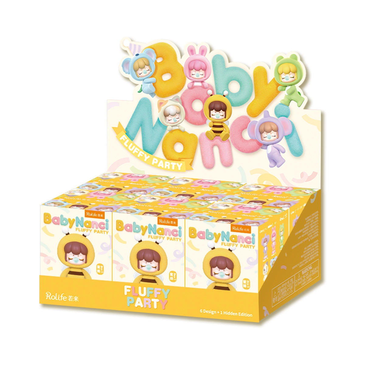 Baby Nanci Fluffy Party Blind Box Series display with costumed figures in bee, bunny, bear, frog, elephant, and cat designs, plus one secret edition.