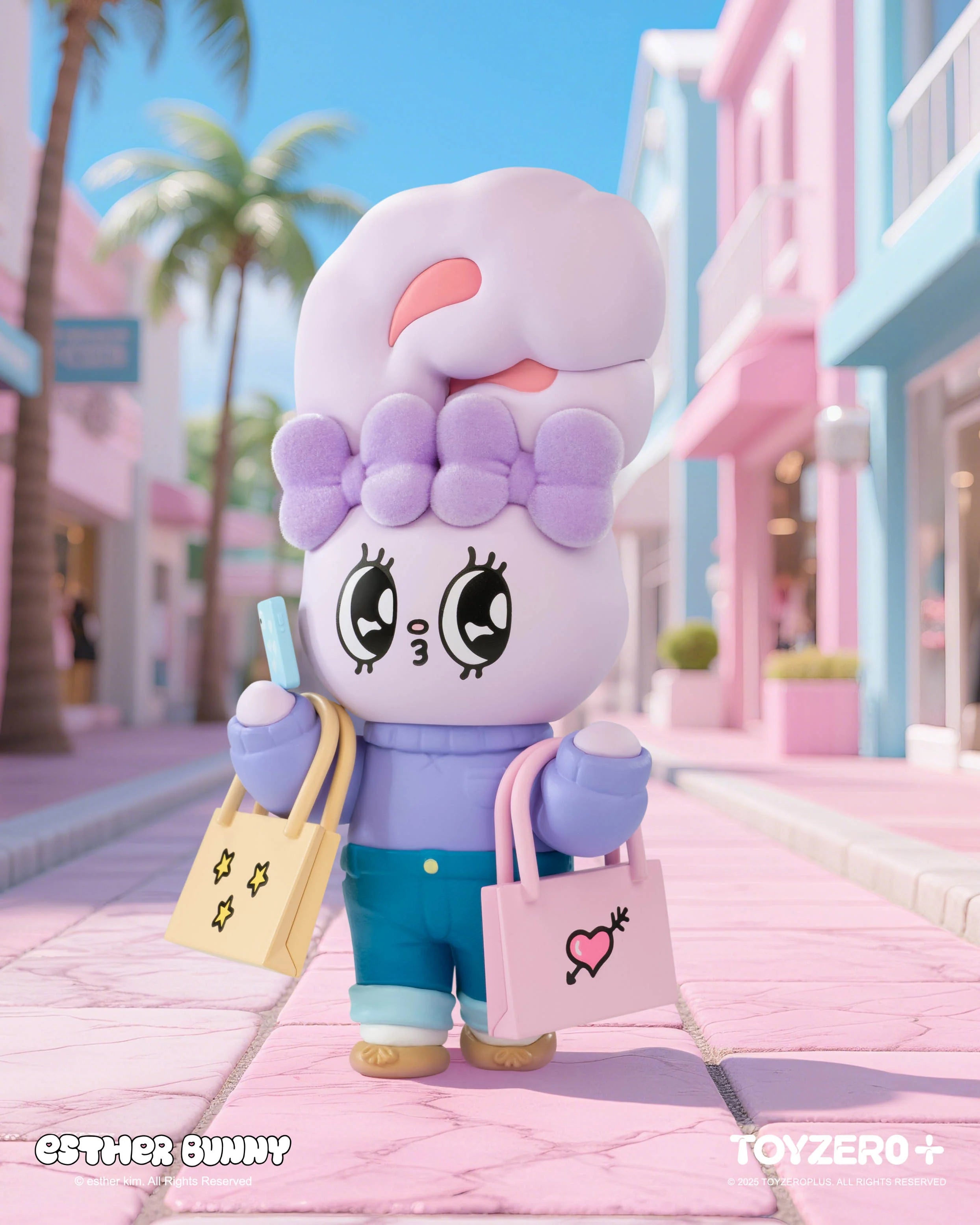 Esther Bunny Holiday Vibe Series Blind Box: A 3D bunny with lavender hair, lilac sweater, teal pants, holding a popsicle and shopping bags in a pastel street.