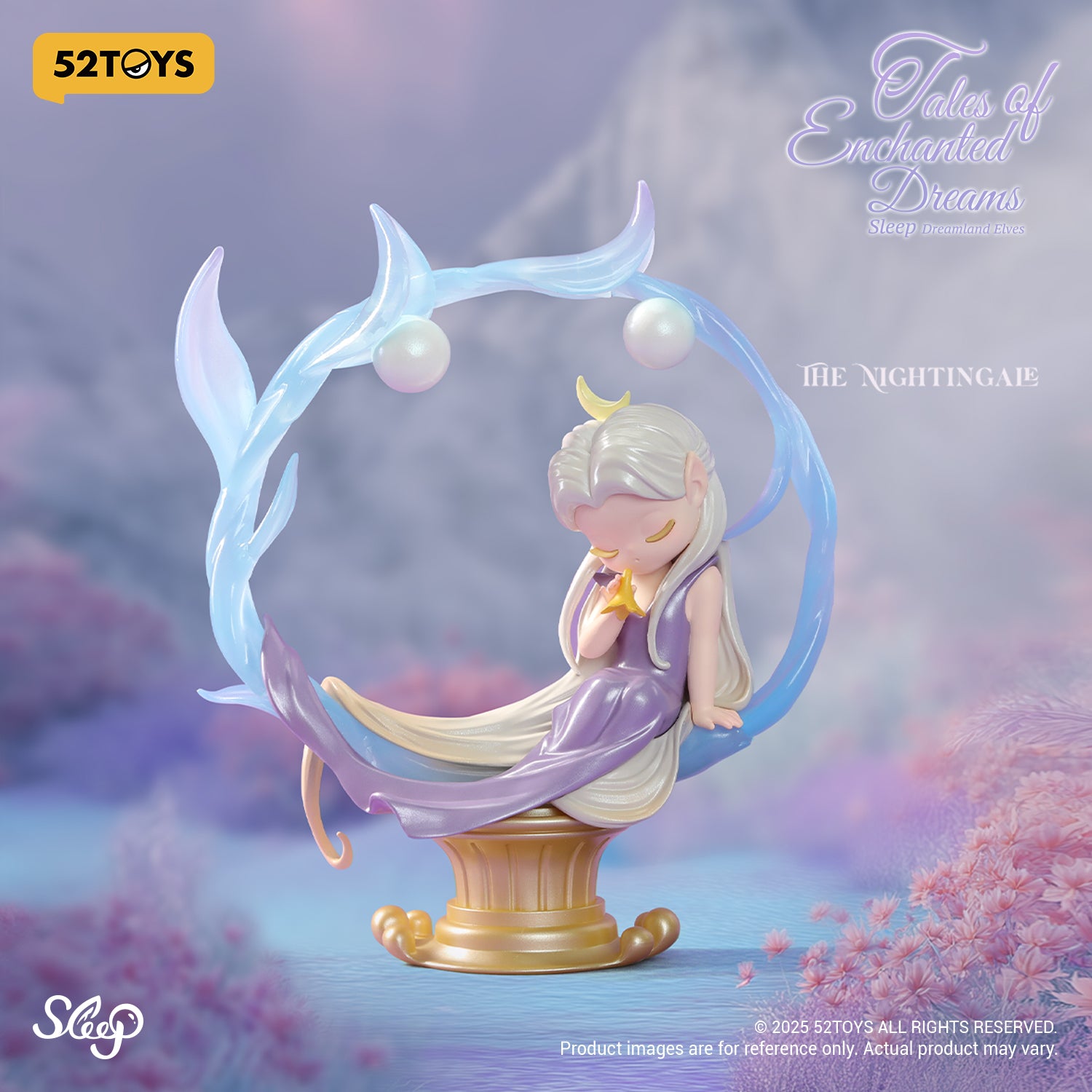 Nightingale elf figure from 52TOYS' Sleep Dreamland Elves: Tales of Enchanted Dreams Blind Box, seated on a golden pedestal with a crystal crescent.