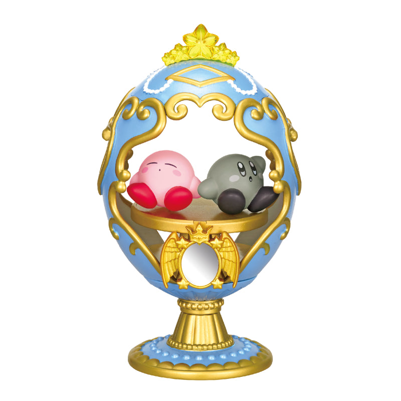 Kirby of the Stars Ovaltique Collection: A pale blue egg with gold accents, featuring two sleeping Kirby figures inside. Part of a 6-design blind box series.