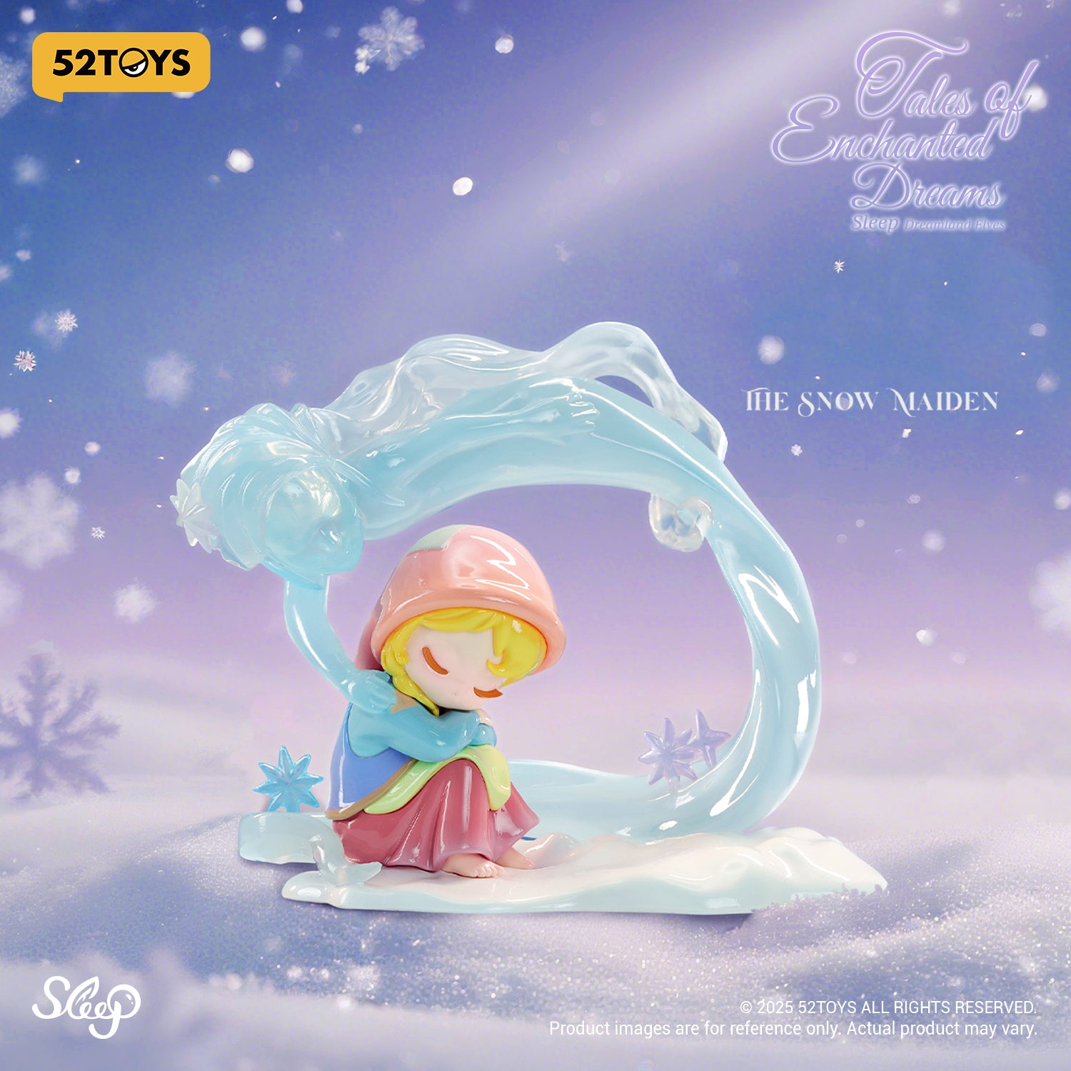 The Snow Maiden figure from the Sleep Dreamland Elves: Tales of Enchanted Dreams Blind Box, featuring a sleeping girl with a swirling ice form.