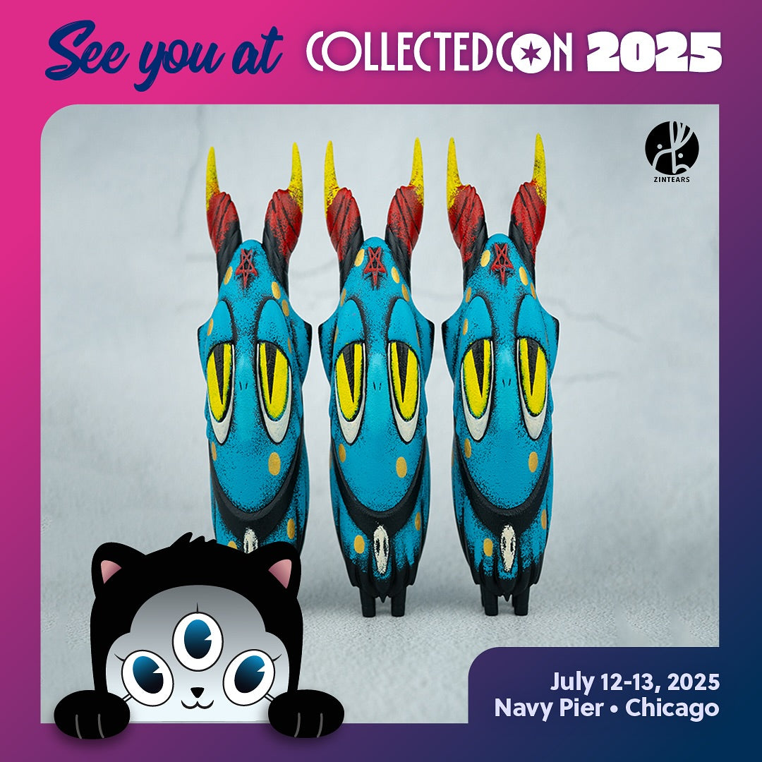Snake Stretchy Bobbi by Zintears: Tall, stylized art-toy with cat-like eyes and horns, featured in CollectedCon 2025 promo. Limited edition, 25cm vinyl.