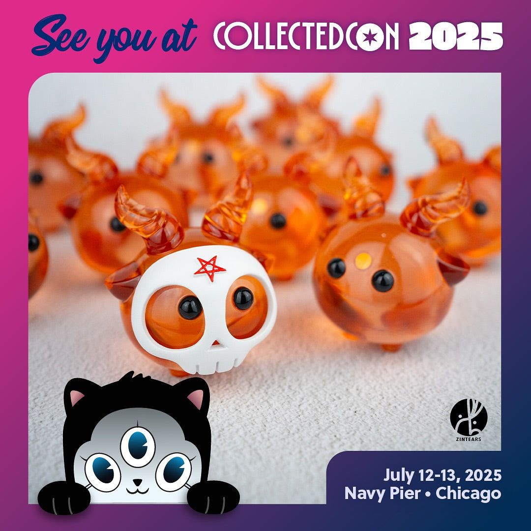 Yorick the Skull - Orange Edition by Zintears: translucent vinyl figure with curled horns, wears a white skull mask with a red pentagram.