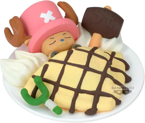 Tony Tony Chopper collectible figure, zZoton Winter's Small Joys Series, sleeping on dessert with melon-pan blanket, chocolate drizzle, whipped cream, green fork, and signature hammer.