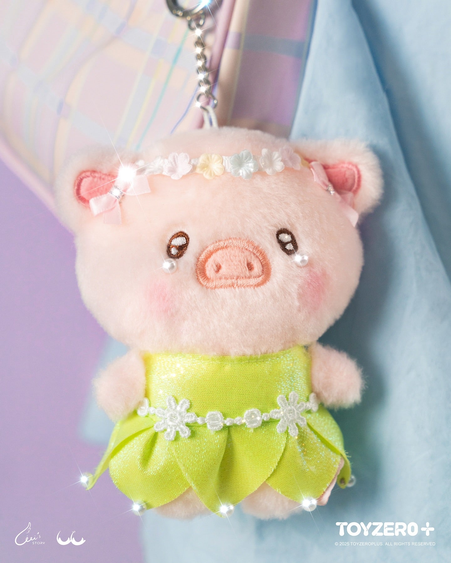 LuLu the Piggy LuLuLand - Flower Fairy Lu Plush Keychain, featuring a pink pig in a floral skirt with a headband and keychain attachment.