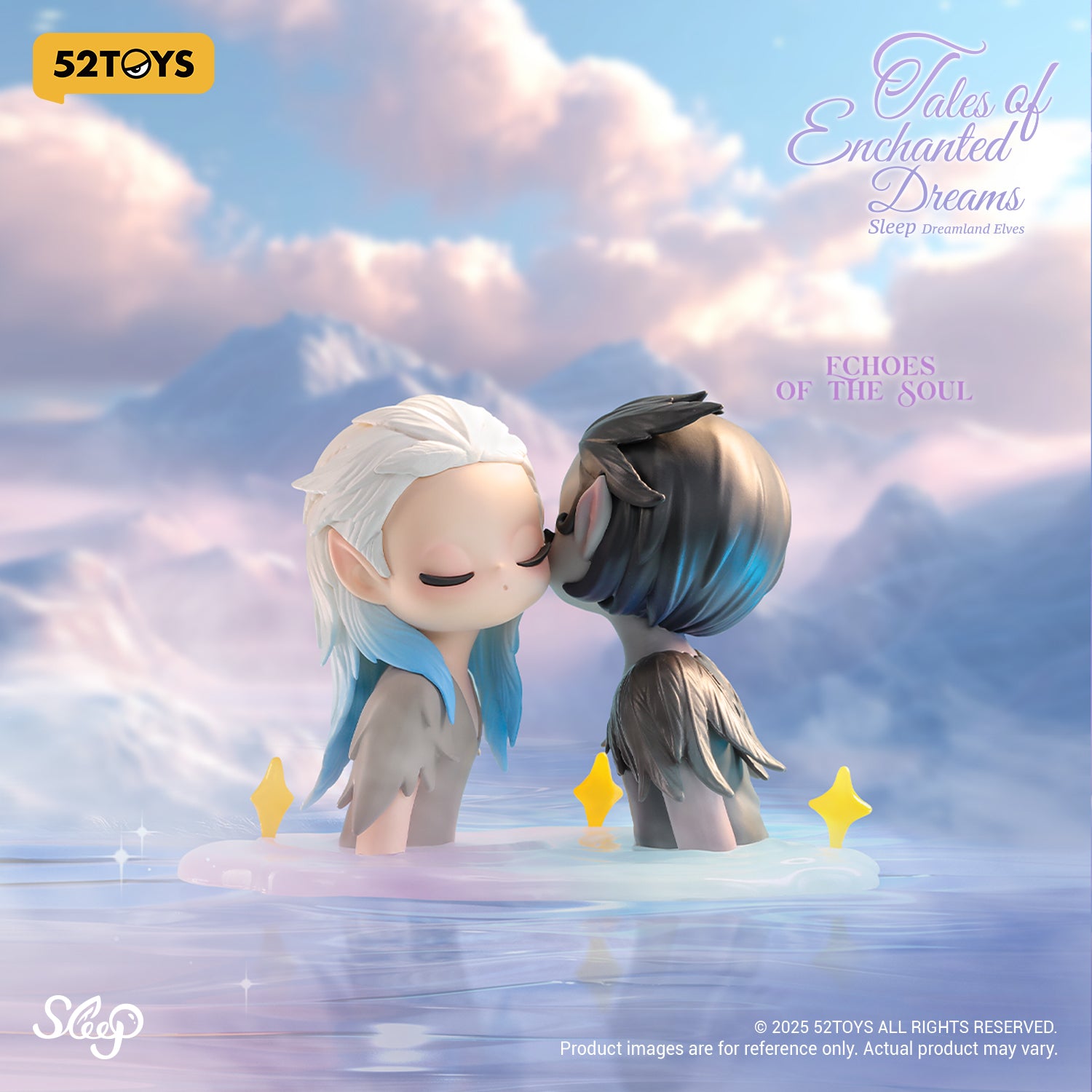 Sleep Dreamland Elves: Tales of Enchanted Dreams Blind Box features two elf figures in a tender pose, symbolizing the enchanting essence of this collectible series.