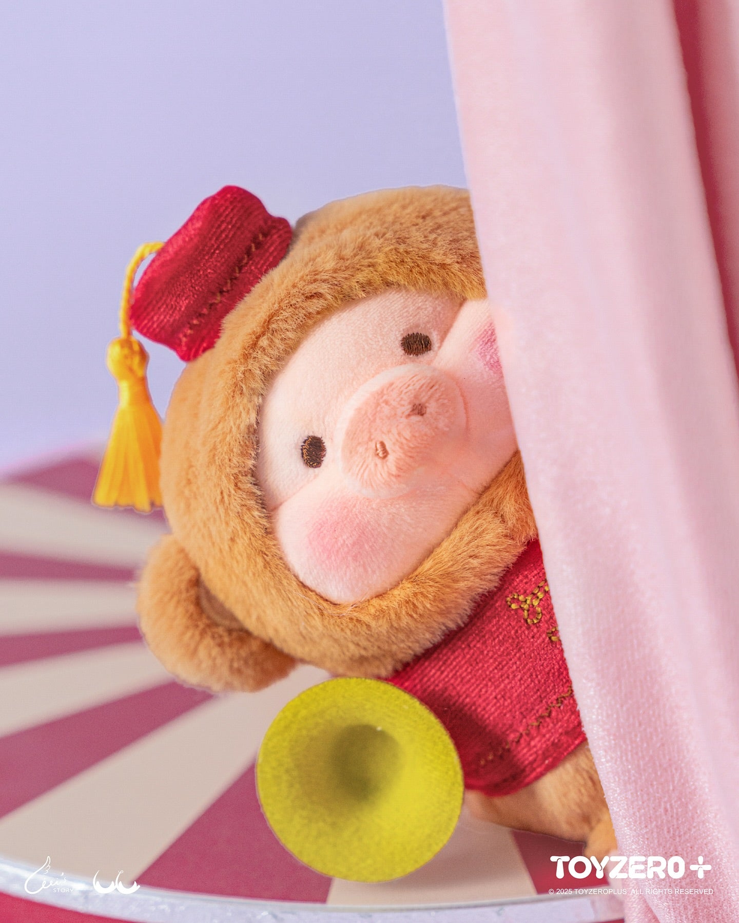 LuLu the Piggy LuLuLand - Naughty Monkey Lu Plush Keychain peeks from a curtain, wearing a monkey suit and cap, holding a yellow horn. Preorder available.