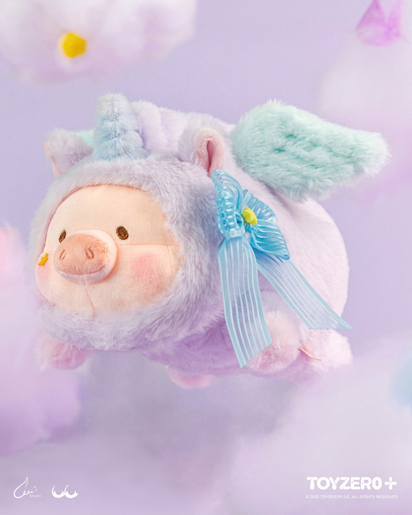 LuLu the Piggy LuLuLand - Mysterious Unicorn Lu Plush features lilac fur, unicorn horn, mint wings, and a blue ribbon bow, set against a cloud backdrop.