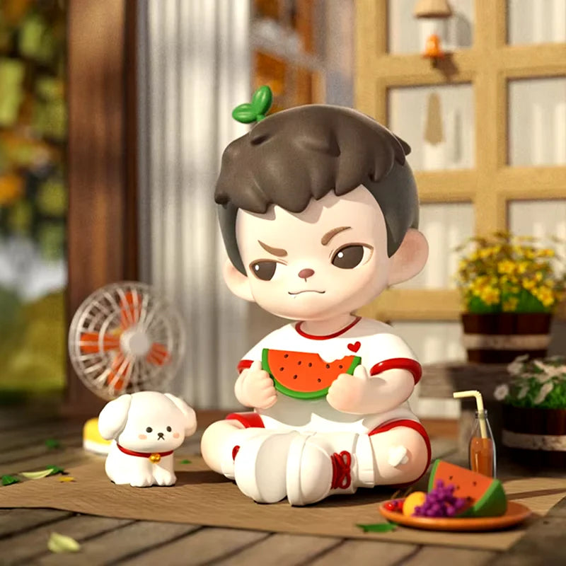 Boy Rayan Youth Days Series 2 Blind Box: A chibi boy with watermelon, puppy, fan, and fruit plate on a porch, capturing summer nostalgia.