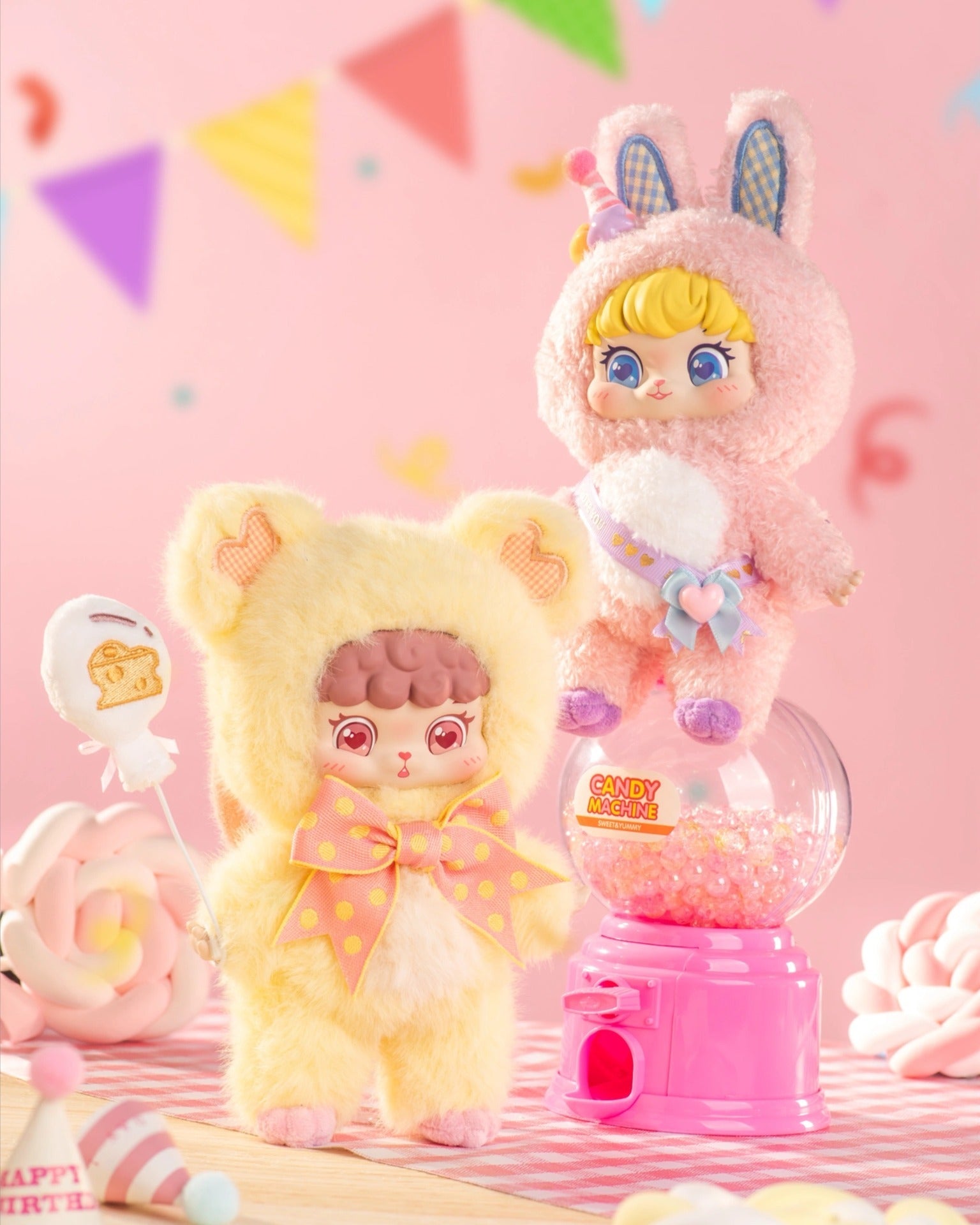 Puffynose Friend Memo Plush Pendant Blind Box: Two adorable plush dolls in animal costumes, set in a pastel candy-themed scene with whimsical props.