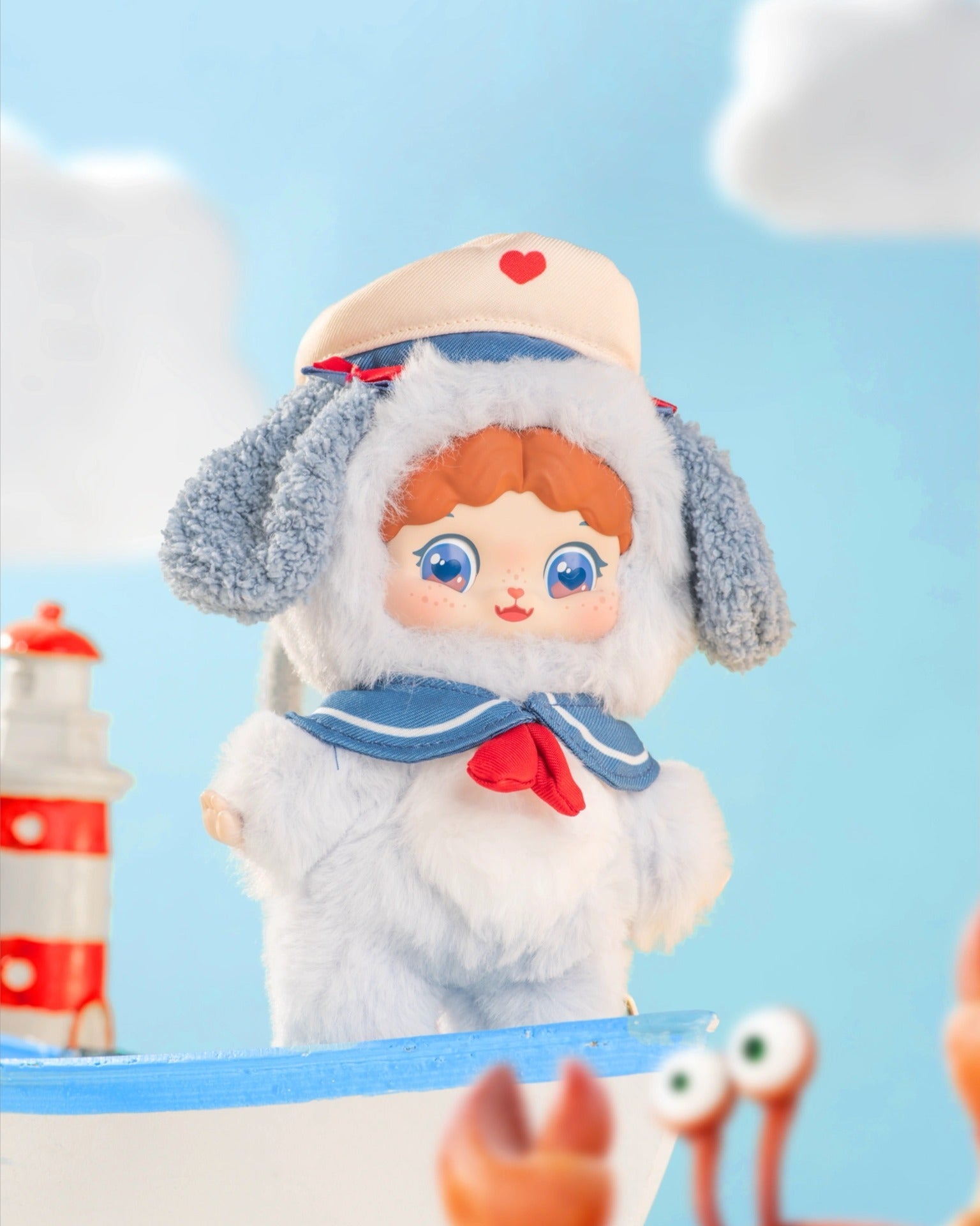 Puffynose Friend Memo Plush Pendant Blind Box features a plush doll in a gray animal costume with a sailor collar, aboard a model boat. Preorder now.