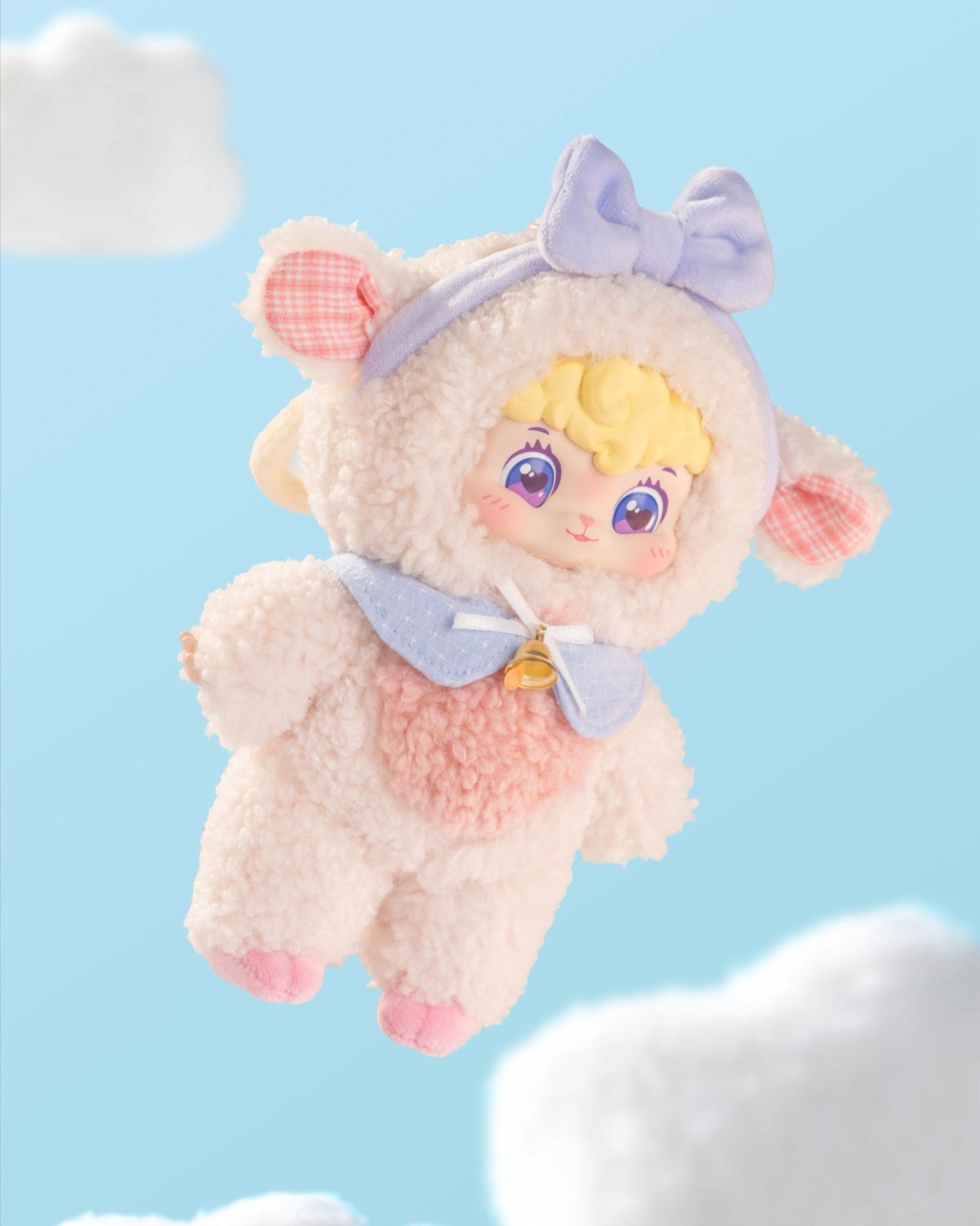 Puffynose Friend Memo Plush Pendant in lamb costume, preorder blind box. Features pink-plaid ears, lavender bow, and bell collar. Ships October 2025.