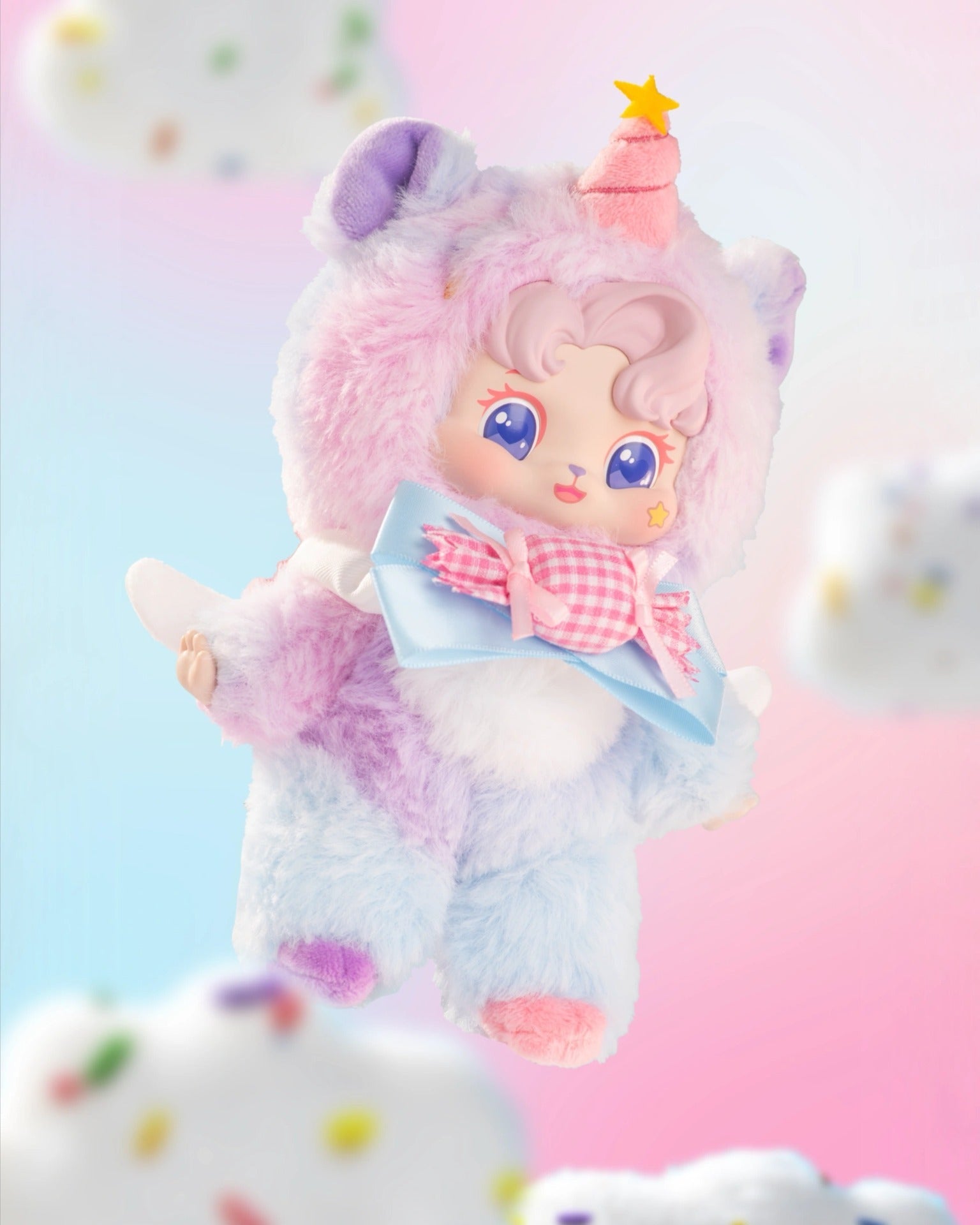 Puffynose Friend Memo Plush Pendant Blind Box: A toy doll in a unicorn onesie with sparkly eyes and bow, set against dreamy clouds. Preorder available.