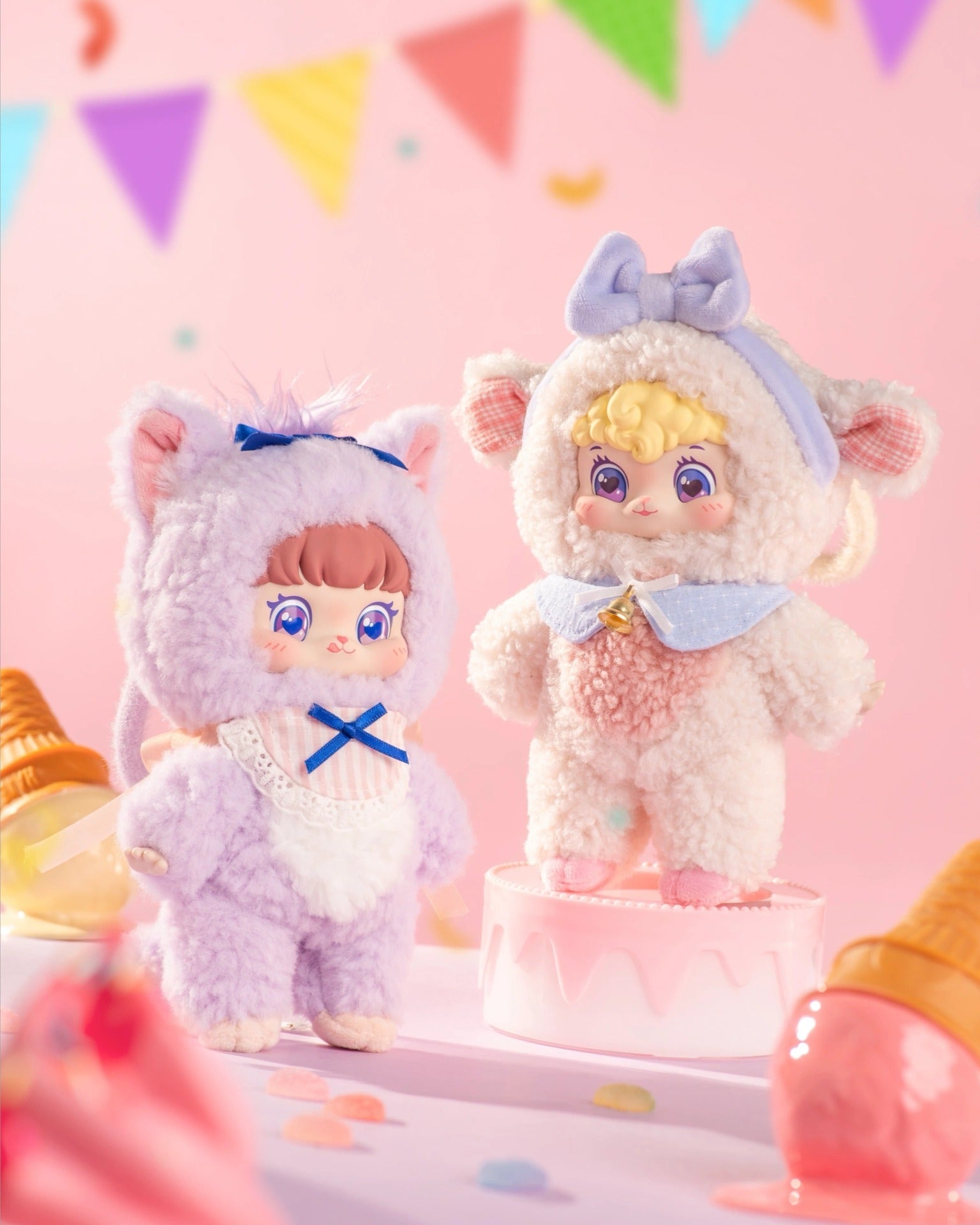 Puffynose Friend Memo Plush Pendant Blind Box features lavender and lamb plush figures in playful party-themed scene. Preorder available at Strangecat Toys.