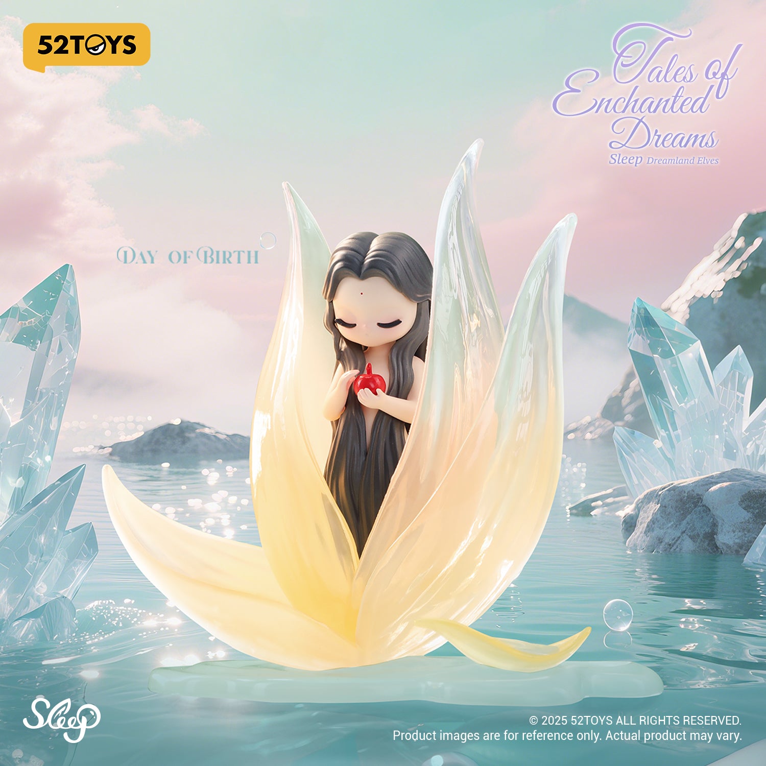 Sleep Dreamland Elves figurine cradles a red fruit, seated in a glowing flower on water, from 52TOYS' Tales of Enchanted Dreams Blind Box series.