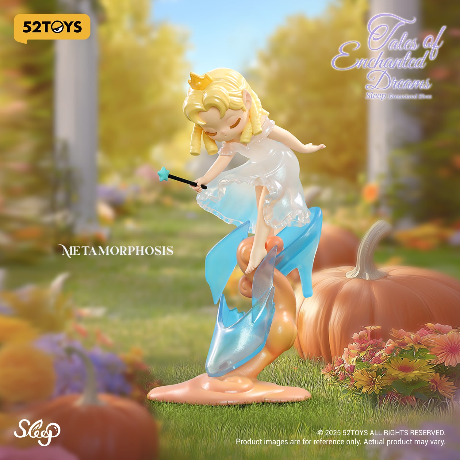 Sleep Dreamland Elves: Tales of Enchanted Dreams Blind Box figure features a blonde elf-princess with wand, atop melting slippers in a whimsical garden.
