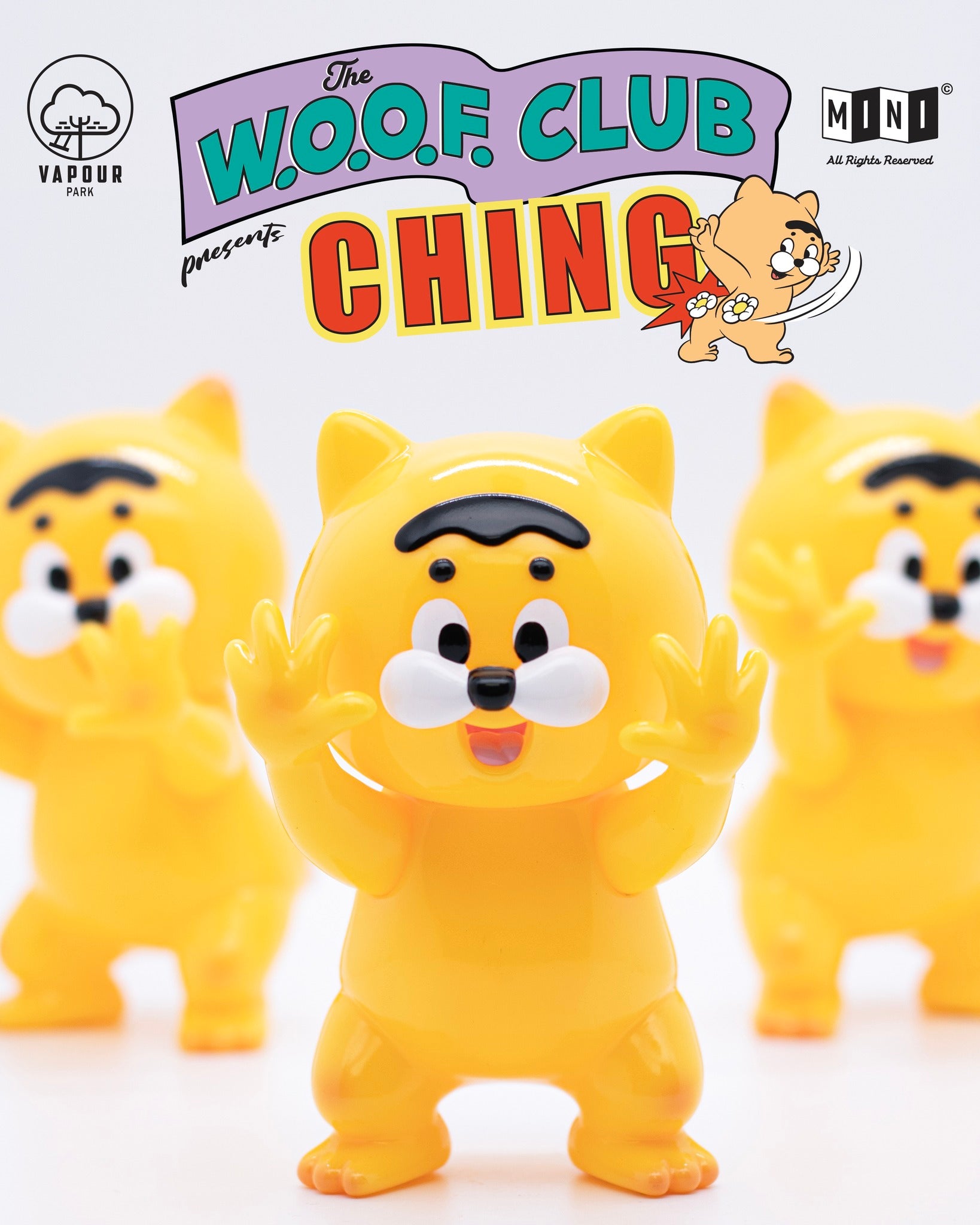 Ching by The W.O.O.F. Club: A 5-inch soft vinyl cat-creature toy with a black unibrow and open-mouth grin, showcased in a designer toy promo.