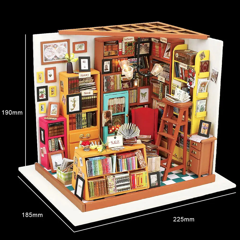 A magical miniature room with a bookshelf, ladder, and enchanting details from Sam's Study Rolife Library DIY Miniature Dollhouse at Strangecat Toys.