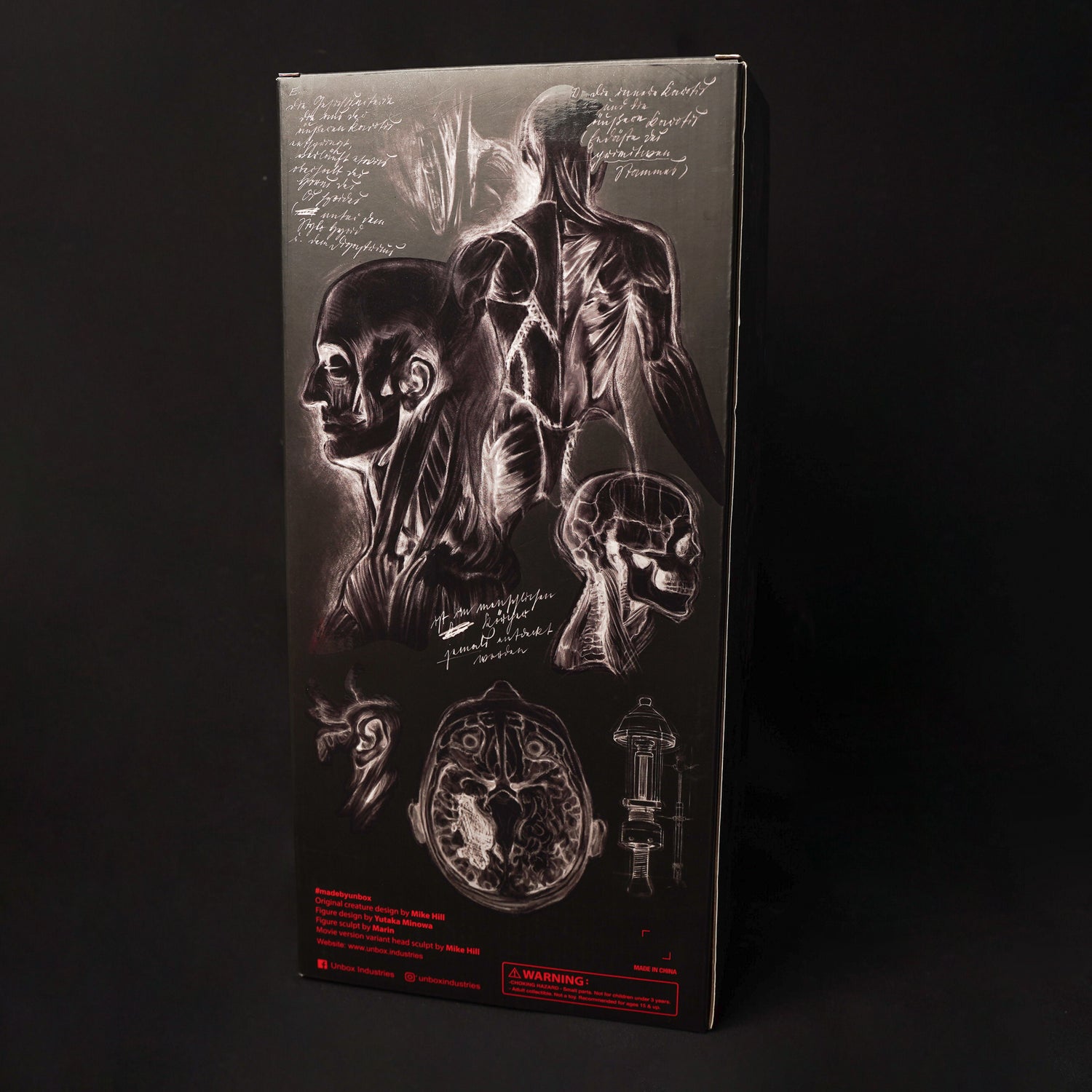 FRANKENSTEIN: THE CREATURE V1 box features anatomical sketches, highlighting muscles and skull, with branding details; a 30cm soft vinyl collectible figure inside.