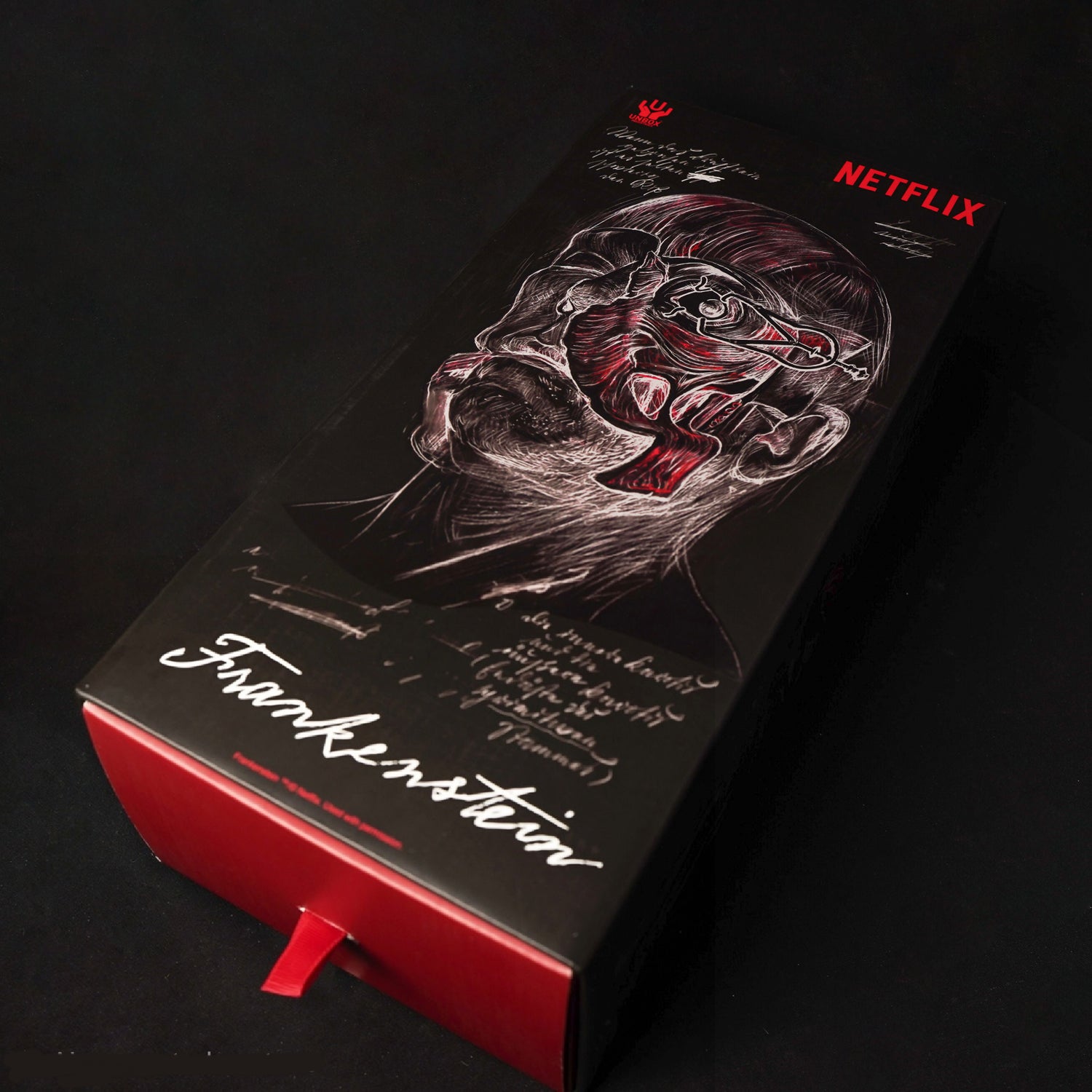 Black gift box featuring Netflix logo, anatomical sketch, and Frankenstein. Contains FRANKENSTEIN: THE CREATURE V1 30cm soft vinyl figure, blending anime and gothic elements.
