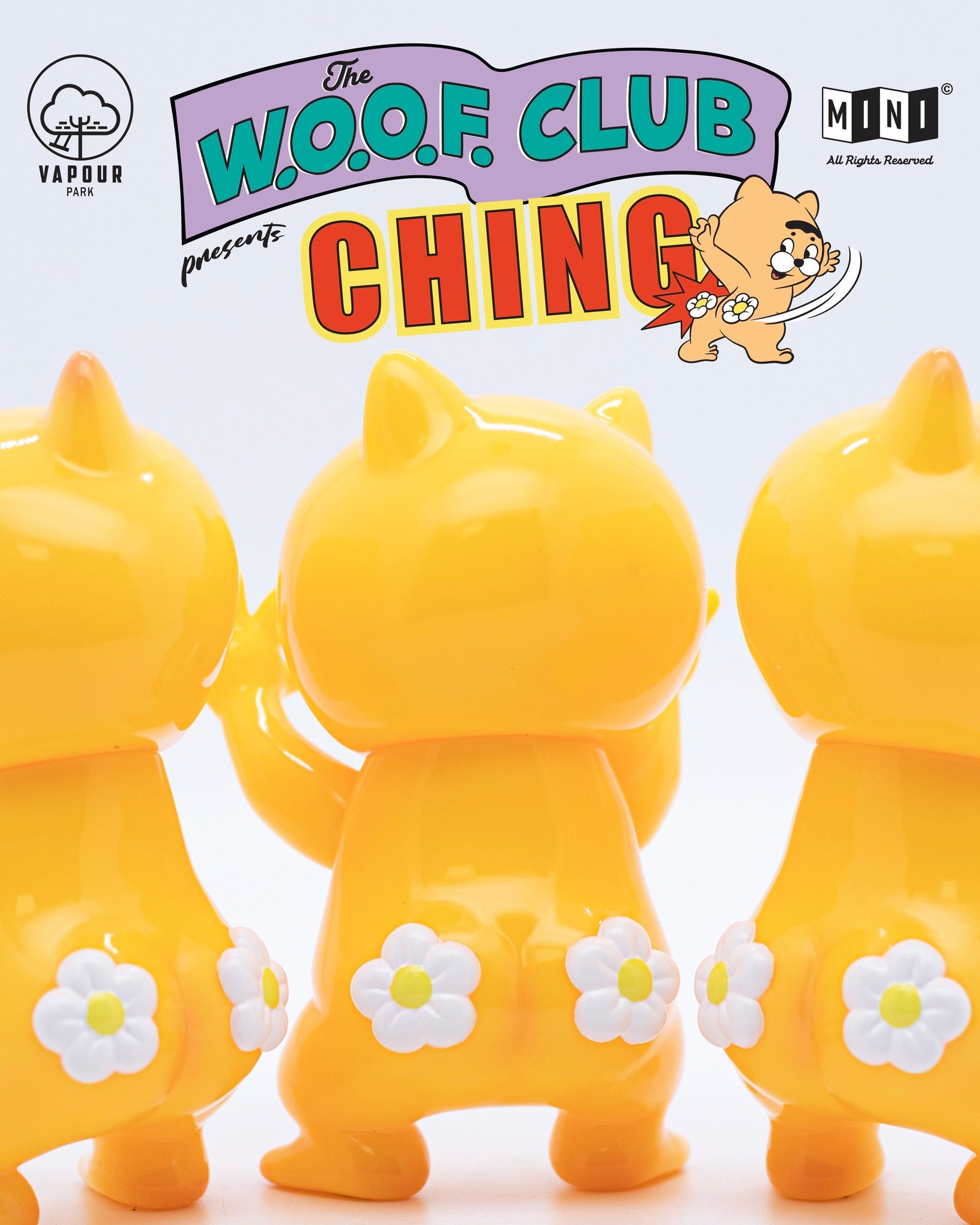 Three glossy yellow cat-like vinyl figures from Ching by The W.O.O.F. Club, featuring daisies on their backs, under Vapour Park and MINI branding.